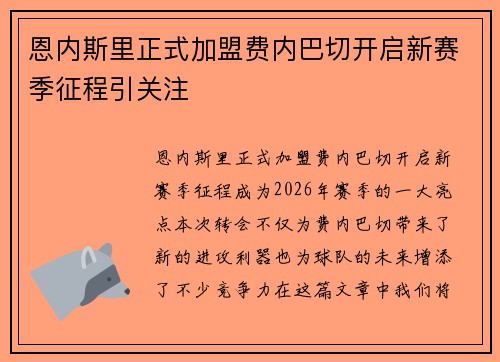 恩内斯里正式加盟费内巴切开启新赛季征程引关注