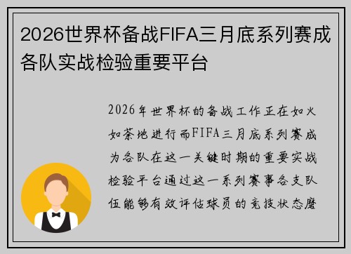 2026世界杯备战FIFA三月底系列赛成各队实战检验重要平台