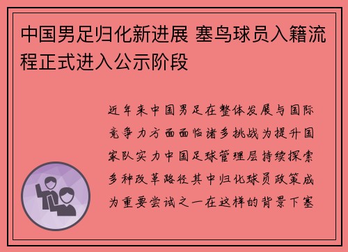 中国男足归化新进展 塞鸟球员入籍流程正式进入公示阶段