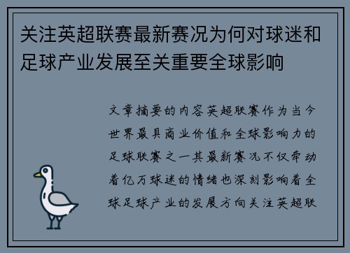 关注英超联赛最新赛况为何对球迷和足球产业发展至关重要全球影响