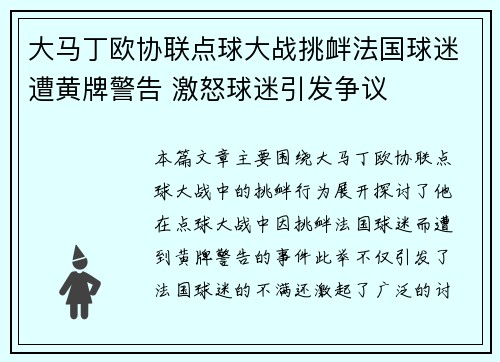 大马丁欧协联点球大战挑衅法国球迷遭黄牌警告 激怒球迷引发争议